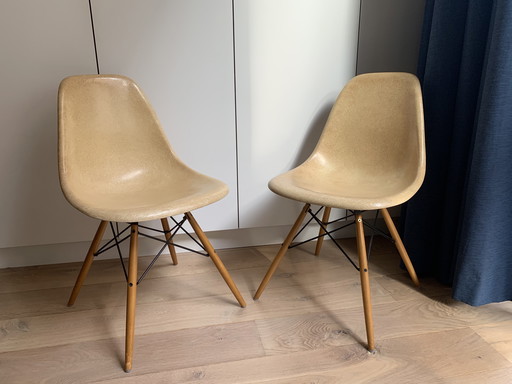 2 sillas laterales vintage Eames Miller DSW de fibra de vidrio color ocre claro