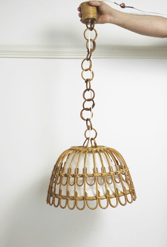 Image 1 of Vintage Rattan Bell Pendant Lamp, Louis Sognot Style Cane Ceiling Light, French Riviera Mediterranean Decor