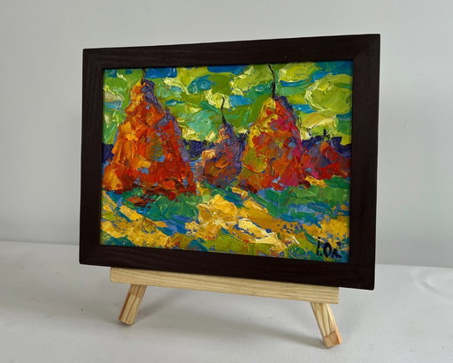 Original Oil Painting Summer Field Landscape Haystacks in the field