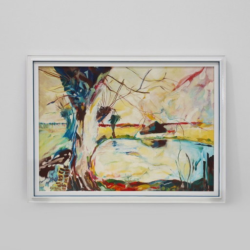 Paesaggio astratto moderno, olio su tela, firmato, Belgio, 1982