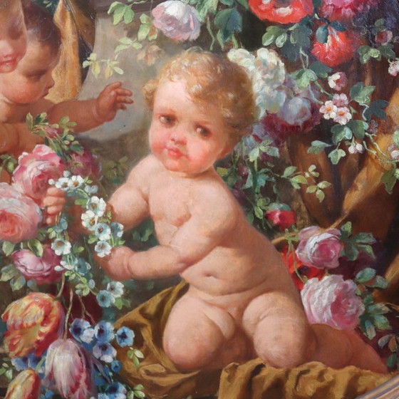 Cherubs With Flowers, Oil Painting On Board Signed, Italy Early 20th Century – Paintings & Drawings, Wood (photo 7 of 18)