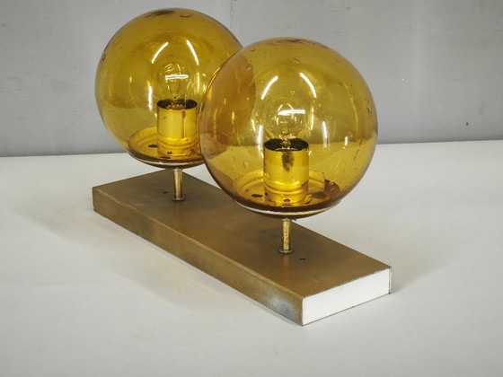 1970s Space Age Amber Glass Double Wall Lamp, Kamenický Šenov – Wall lights, Brass (photo 11 of 14)