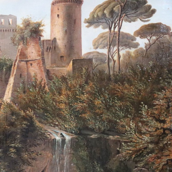 Image 1 of Paisaje con castillo, óleo sobre lienzo, firmado M.G., Italia, siglo XVIII.