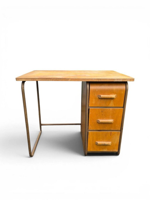 Vintage 1950s Wood and Metal Desk with 3 Drawers – bureau (photo 2 of 5)