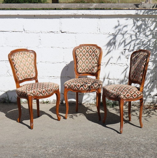 Ensemble de 3 chaises de salle à manger en bois - chaises de salle à manger tapissées - style Louis xv - 70s