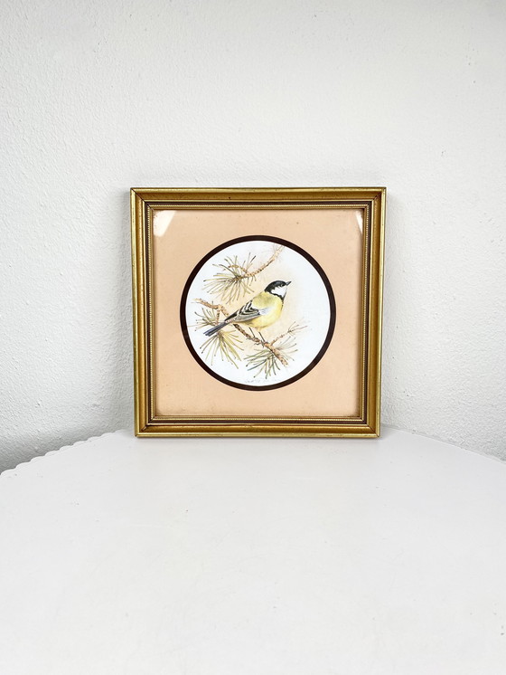 Image 1 of Small Vintage Bird Gold Framed Art Print - Cute Great Tit Retro Portrait in Square Gold Frame on Beige Background - Rustic Deco