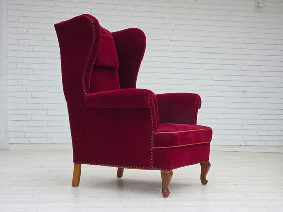 Image 1 of 1960s, Danish highback wingback armchair, cherry-red furniture velour.