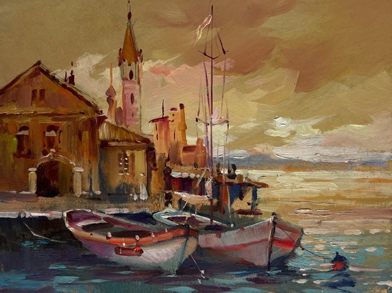 Image 1 of Original Oil Painting Coastal City Landscape The sun is sinking into the sea