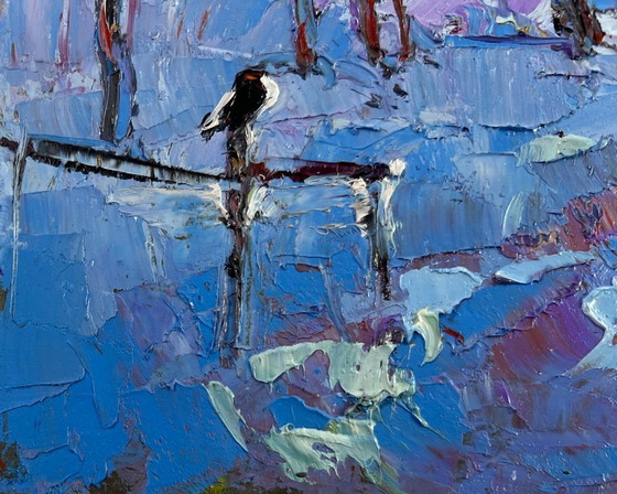 Image 1 of Original Oil Painting Night Village Landscape Moonlight winter light