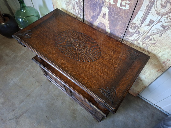 Image 1 of Antieke Victoriaanse halbank, haltafel met klep luikje , afm.90x48cm en 75cm hoog. 

Zithoogte ca 45cm 
