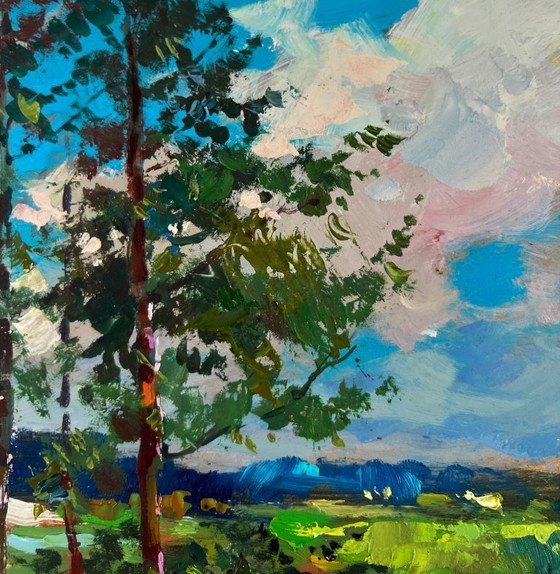 Image 1 of Original Oil Painting Summer Field Landscape Horses by the river