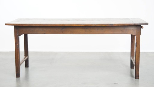 Ancienne table de salle à manger paysanne en châtaignier pour 4 à 6 personnes avec deux tiroirs du début du 19ème siècle