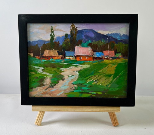 Original Oil Painting Rural Evening Landscape A Quiet Village Spread Over The Hills