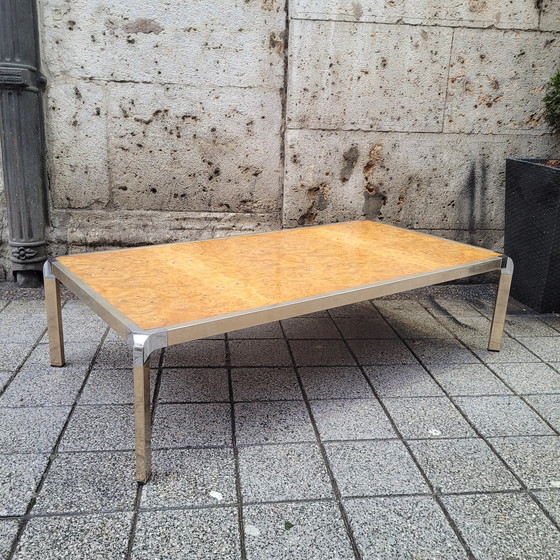Image 1 of Table basse en bois de ronce et acier, style Guy Lefèvre, années 70 – France