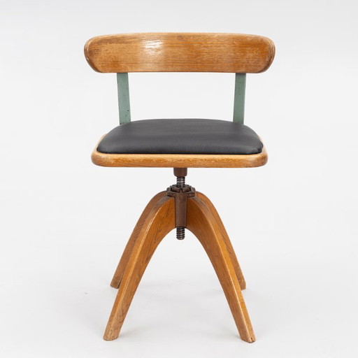 Sedia da ufficio girevole scandinava in rovere e pelle DK,1920