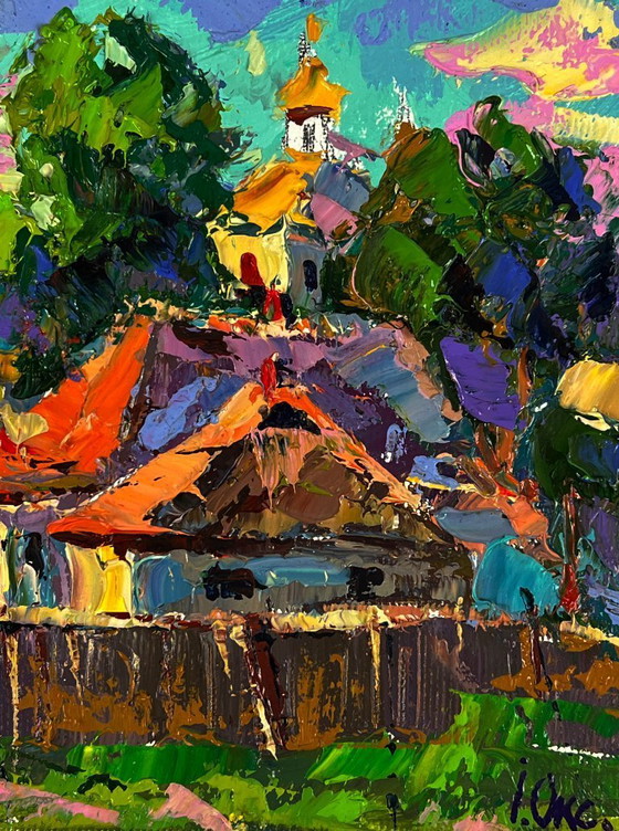 Image 1 of Peinture à l'huile originale représentant un paysage rural dans une rue du village par une chaude journée ensoleillée.