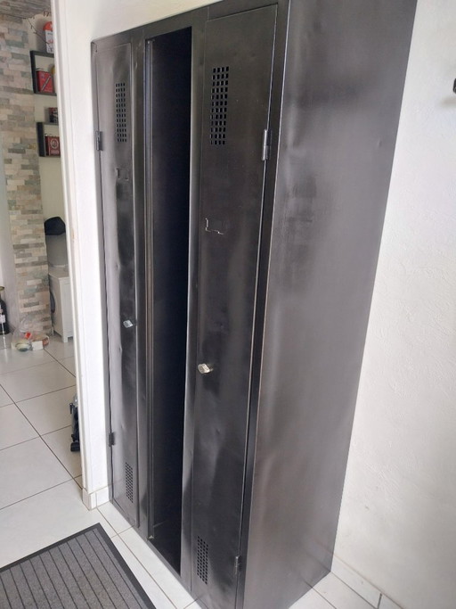 Vintage locker, old 2-door metal wardrobe, clothes rack