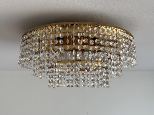 Vintage Getrapte Kristallen Plafondlamp – Messing & Kristal – Jaren 70 – plafondlampen, Brass, Crystal