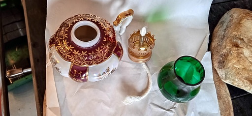 Lámpara de aceite de porcelana antigua en miniatura de la manufactura Oscar Schlegelmilch