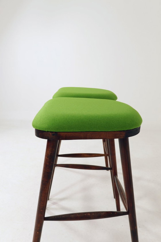 Image 1 of Beech Wood Bar Stools – Green Recycled Wool Upholstery, Rustic Mid-Century Style