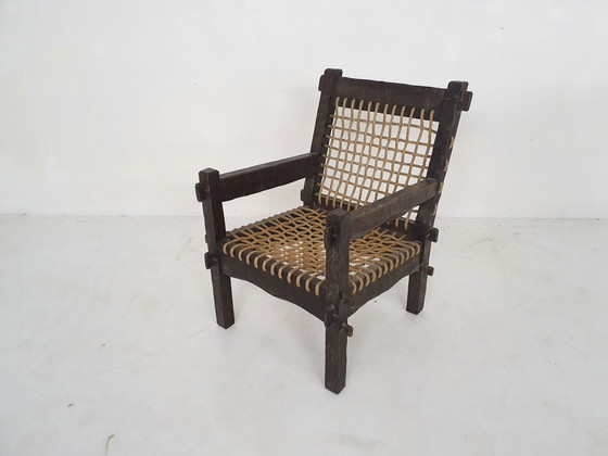 Sillón único de roble macizo y cuerda, Países Bajos, década de 1960. – Sillones, Cotton, Wood (photo 3 of 11)