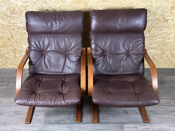Image 1 of 2x 60s 70s Easy Chair poltrona in pelle Westnofa Norvegia Mid Century