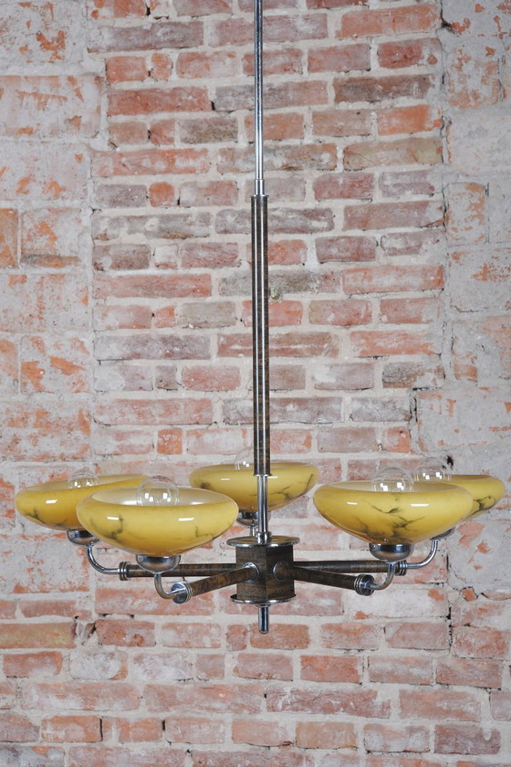 Gerestaureerde art-deco kroonluchter, chroom, beukenhout, walnoothout, glas, Tsjechisch, jaren 1920 – Metal (photo 9 of 12)