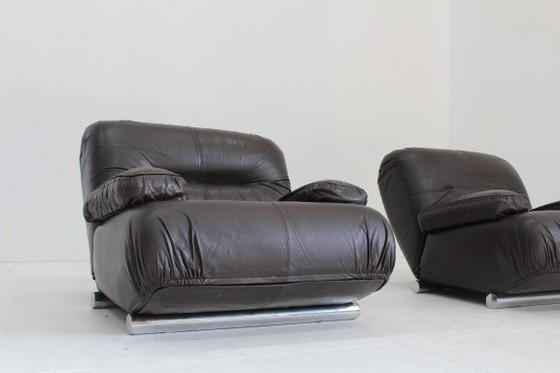 Giuseppe Munari Lounge Chairs Brown Leather 1970s, Italy Set Of 2 – Fauteuils (photo 8 of 9)