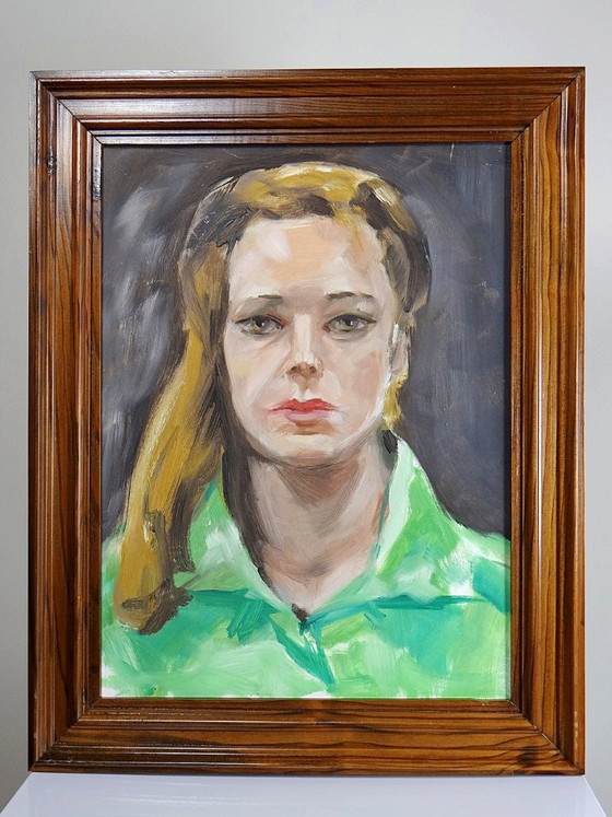 Image 1 of Vintage portrait "The Woman in Green", oil on canvas board, wooden frame