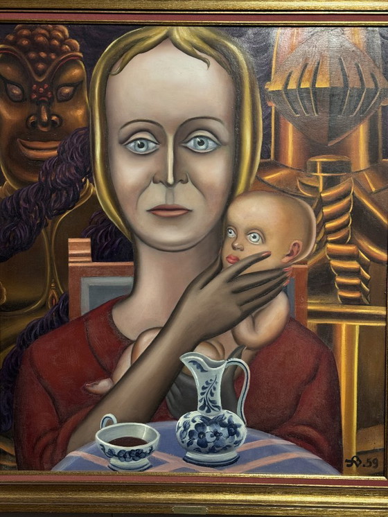 Image 1 of Geborgenheid (Shelter / Inner Protection) – Ferdinand Vercnocke, Belgian School, signed 1959. Oil on canvas.