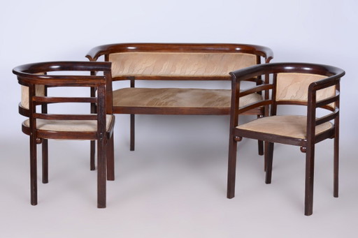 Juego de asientos Art Déco restaurado, de J. Hoffmann, Wiener Werkstätte, checo, década de 1910 – zithoek, Textile, Wood