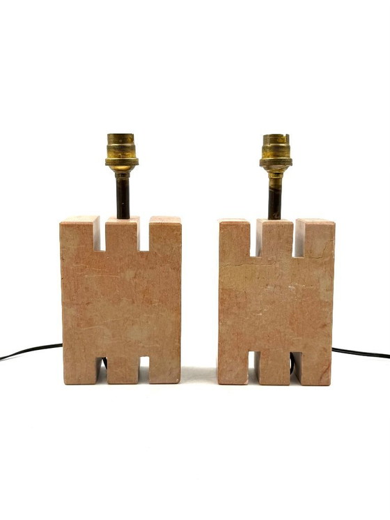 Image 1 of Juego de 2 lámparas de sobremesa de mármol rosa Hollywood regency, Francia años 70