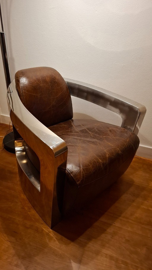 Aviator fauteuil – echt leer & gepolijst aluminium – vintage industrial design