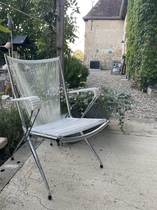 Vintage lounge fauteuil in chroom en wit koord – jaren 60/70 – stoelen fauteuils, Metal, Textile