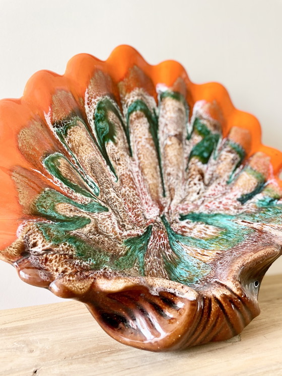 Image 1 of Vintage French Scallop Shell Bowl · Jaspe Marbled Glaze · Vallauris Style · Mid-Century Pottery · Ceramic Sculpture