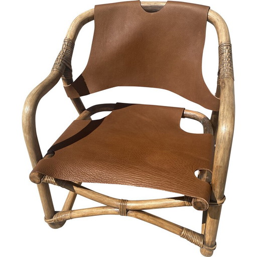 Silla safari vintage de bambú y cuero, Dinamarca, década de 1960