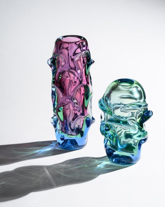 Image 1 of Zeldzaam sculpturaal Tsjechisch glas "Propeller" vaasduo Jan Beránek & Jan Kotík