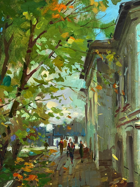 Image 1 of Peinture à l'huile originale représentant une rue de ville en journée