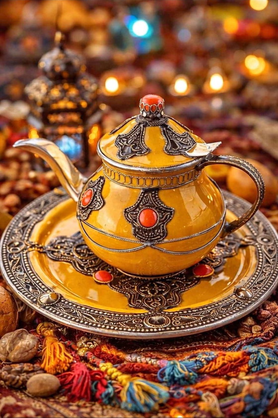 Image 1 of Authentic Moroccan Handcrafted Ceramic & Silver Teapot – Artisanal Collector's Piece