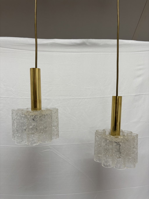 2 suspensions vintage Doria Leuchten, tubes en verre glacé '60/'70