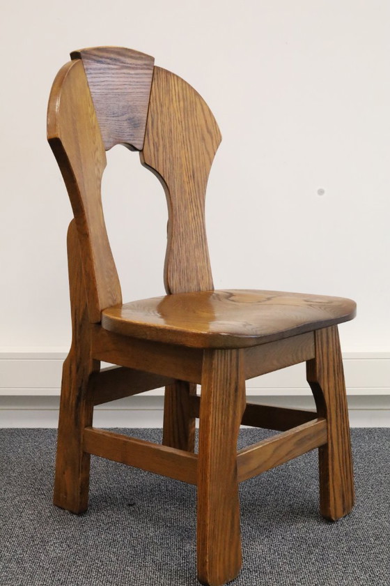 Image 1 of Set di 8 sedie da pranzo brutaliste in legno, anni '70