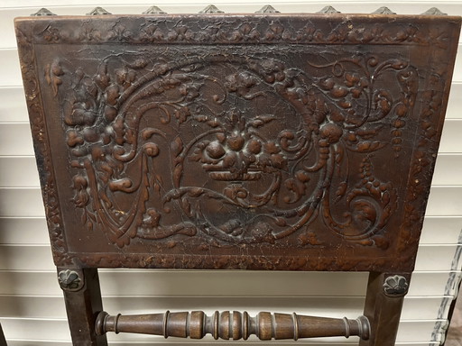 Prachtig antieke set stoelen cuir repoussé metalen siernagel – eetkamerstoelen, Leather (photo 2 of 14)