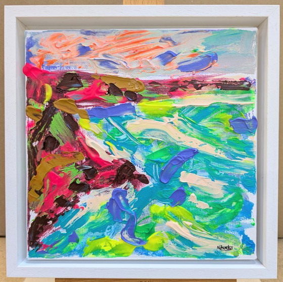 Image 1 of NORTH CORNWALL SEASCAPE ORIGINAL CANVAS 20x20cm NIGEL WATERS SIGNED HOLIDAY BUDE