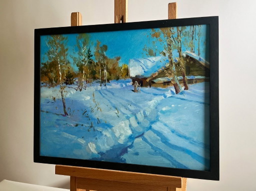 Original Oil Painting Winter Village Landscape After the night snowfall