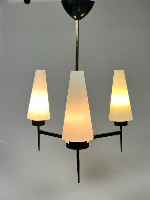 Vintage Chandelier / Pendant Lamp, Brass with Milk Glass, Belgium 1970s