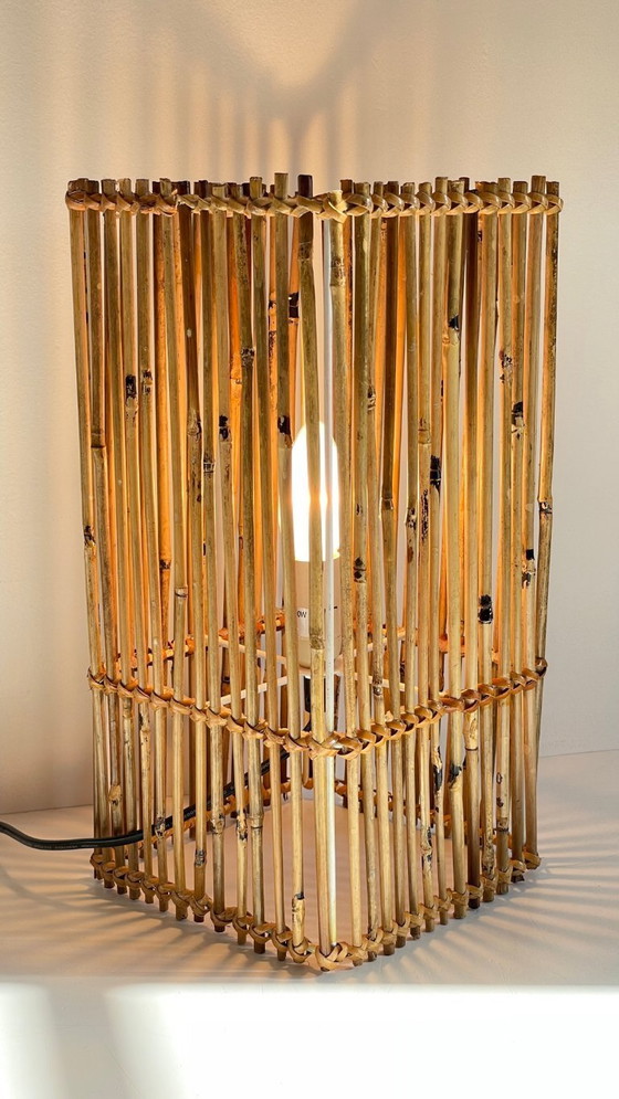 Image 1 of Vintage Wicker Wood Cube Lamp