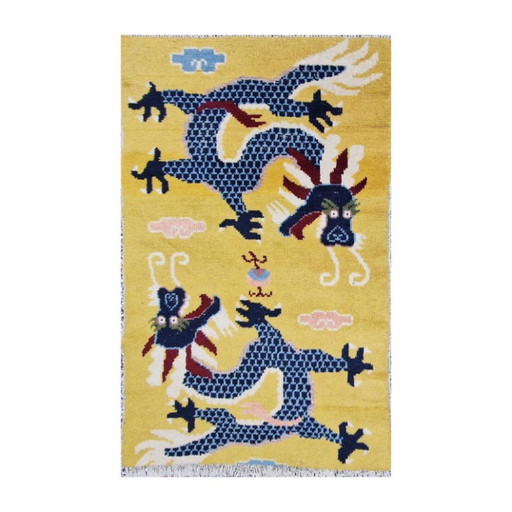 Alfombra china antigua con diseño de dragón – Motivo simbólico, 81 x 130 cm – vloerkleden en tapijten, Wool