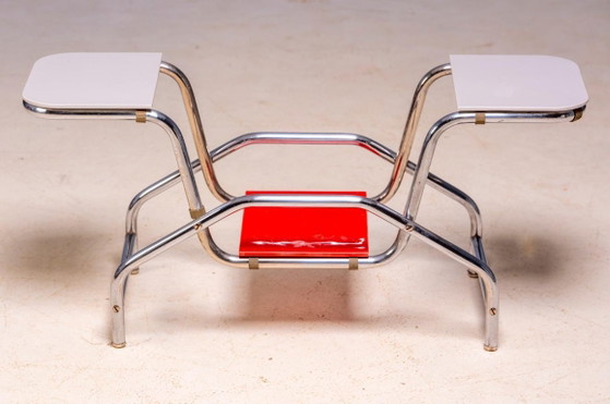 Image 1 of Bauhaus Tubular Steel Flower Stand with Colored Glass Shelves, 1930s, Czechoslovakia, 85 × 30 × 40 cm
