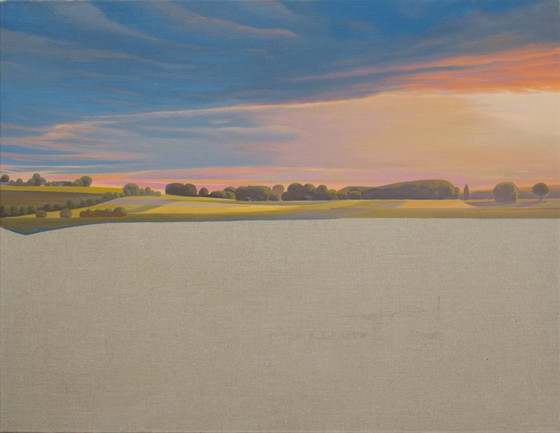 Image 1 of Landscape painting, evening sun, hand-painted unique piece, approx. 91 x 70 cm