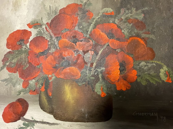 Image 1 of Jarrón pintado al óleo con amapolas - C. Moerman 1987